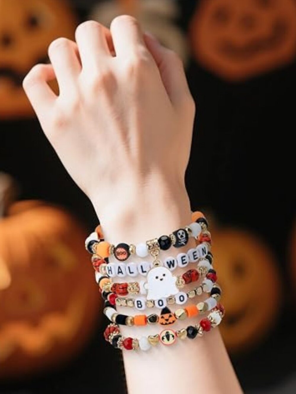 Joyline Halloween Bracelet – Boo Ghost Bat Skull Charm Beaded Stretch Bracelet